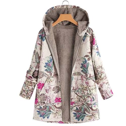 Women's hooded floral print open-front jacket with patch pockets, light base