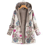 Women's hooded floral print open-front jacket with patch pockets, light base
