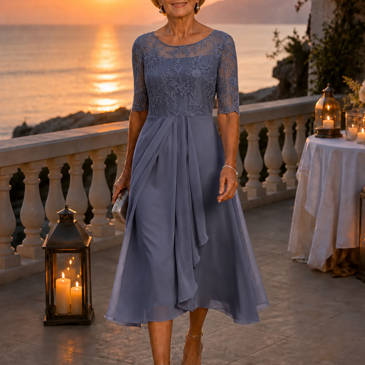 Steel blue embroidered lace bodice midi dress with half sleeves and draped chiffon skirt