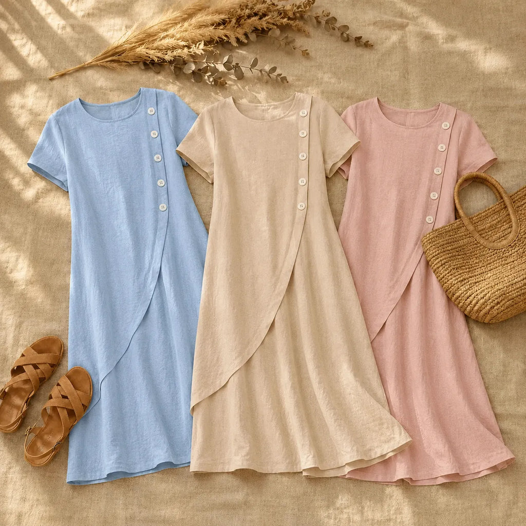 Set of powder blue, beige, and blush midi dresses with button front overlays