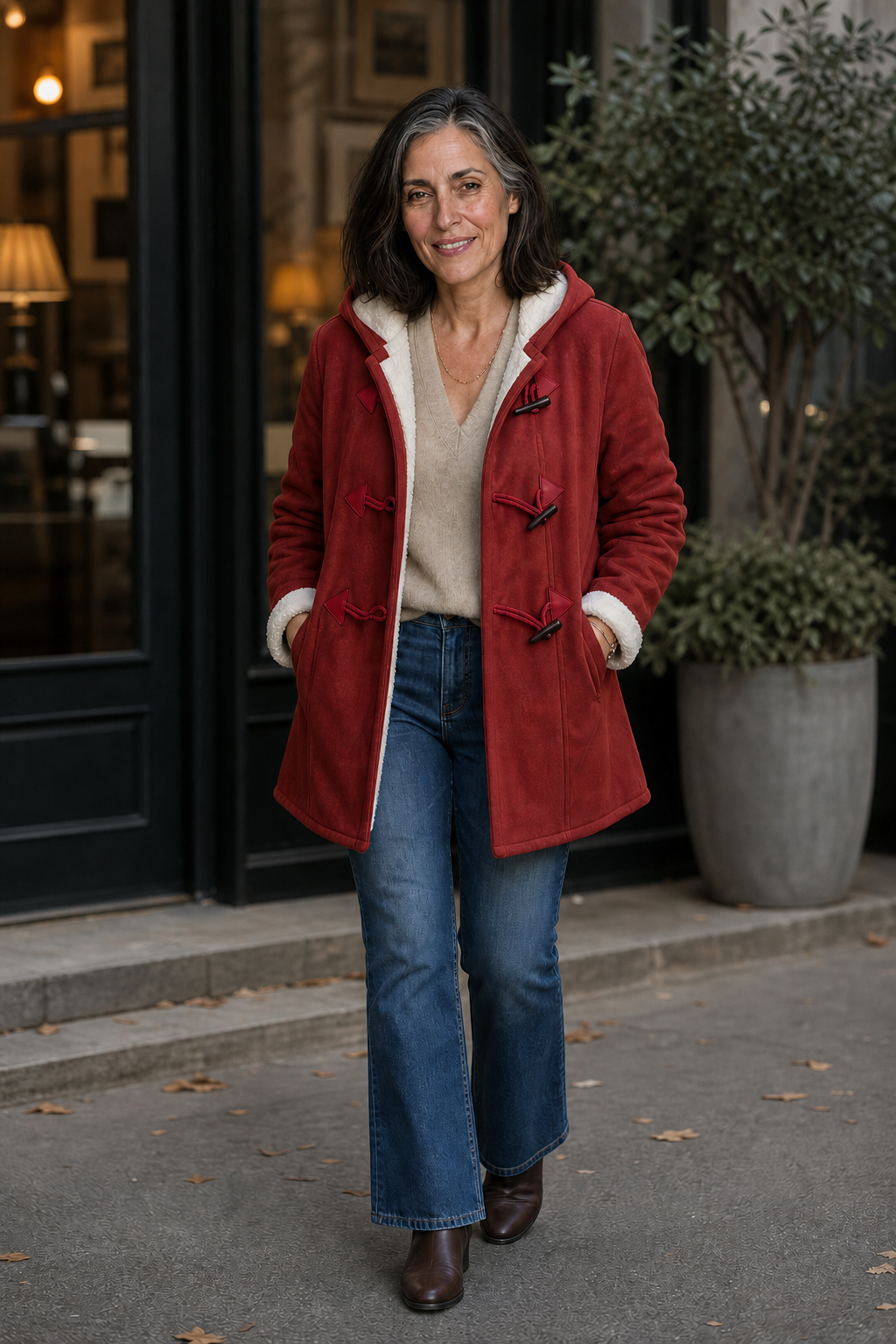 Brick red faux suede coat with plush hood and cuffs, shown with toggle closures