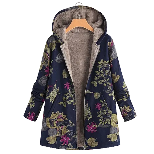 Women's hooded floral print open-front jacket with patch pockets, navy base
