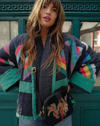 Women’s quilted open-front jacket, multicolour geometric pattern with gold zipper