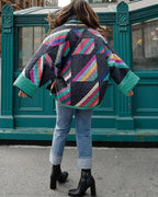 Women’s quilted open-front jacket, multicolour geometric panel back view