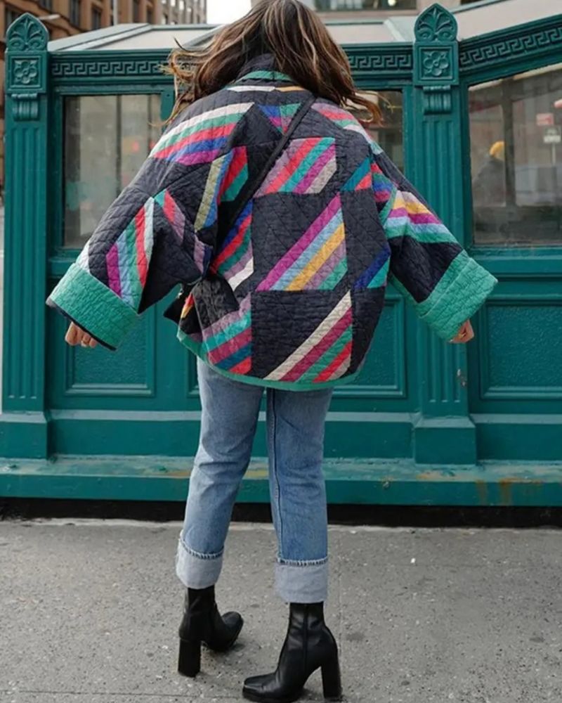 Women’s quilted open-front jacket, multicolour geometric panel back view