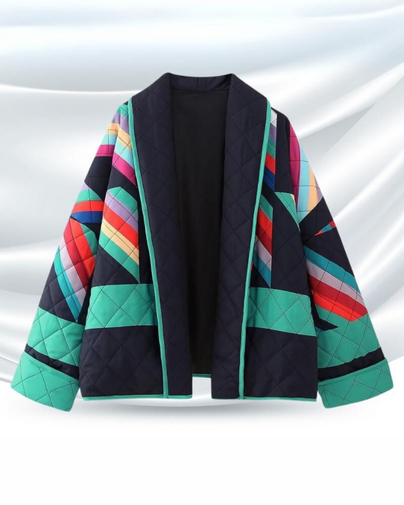Women’s quilted open-front jacket, geometric print panels in teal and dark