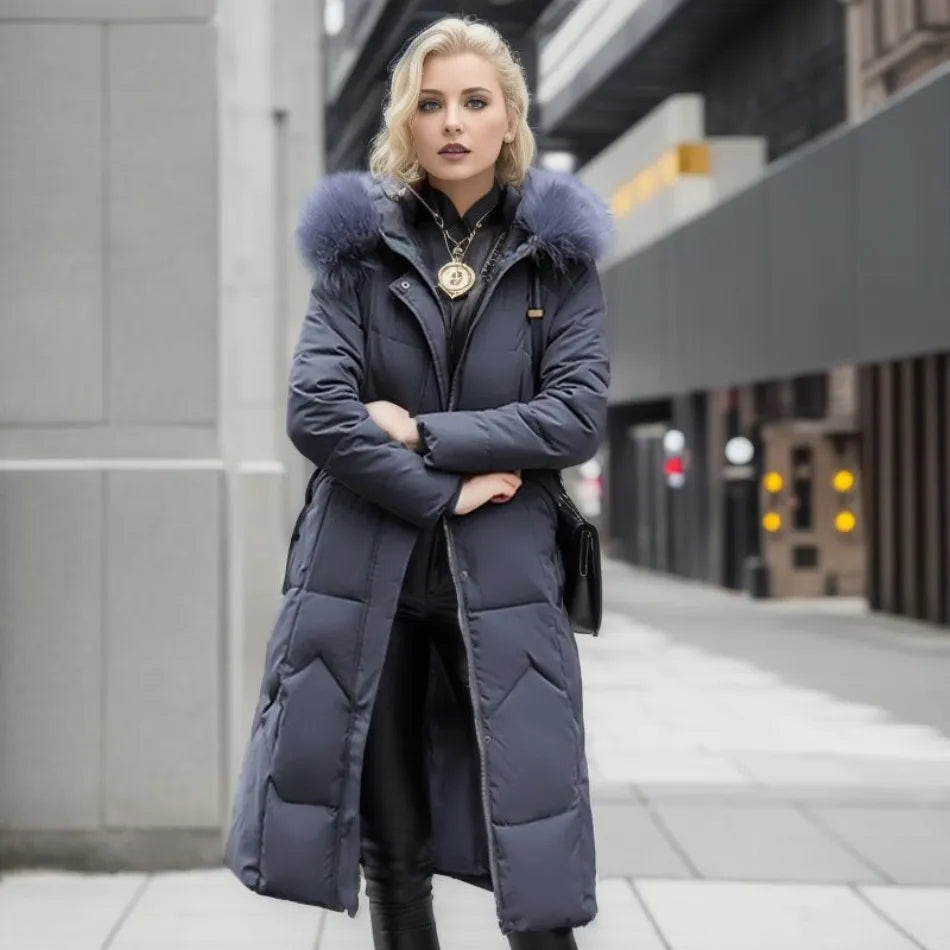 Women's long quilted padded coat with faux-fur collar, dark blue-gray, button front
