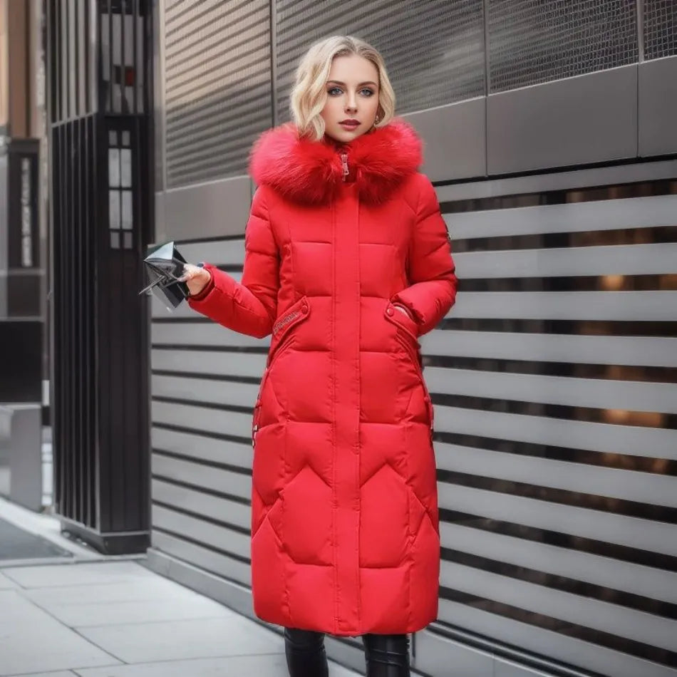 Women's long quilted padded coat with faux-fur collar, red, button front