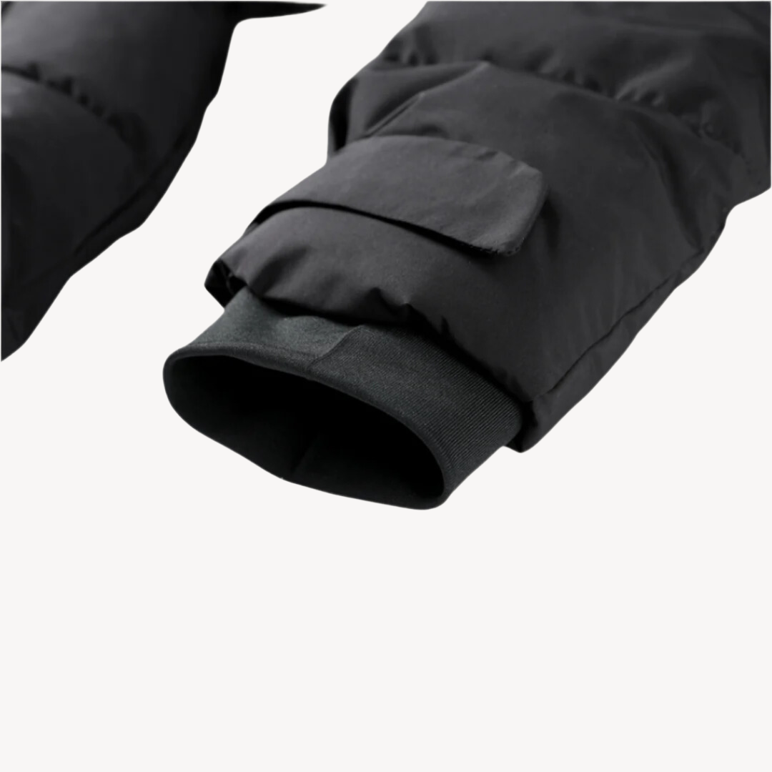 Black puffer jacket ribbed cuff with elastic hem