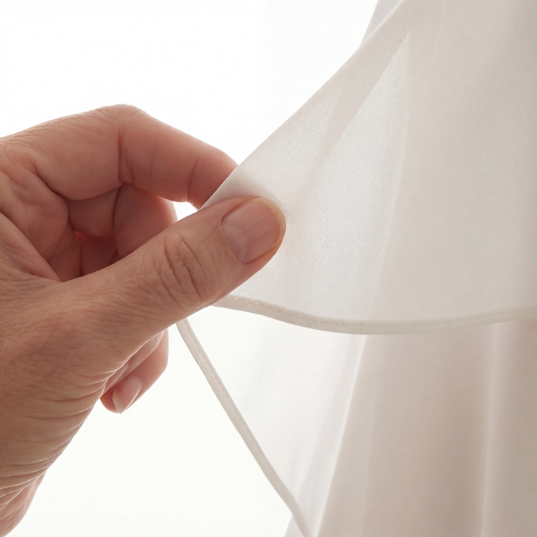 Close-up of white dress fabric and ruffle layer seam detail
