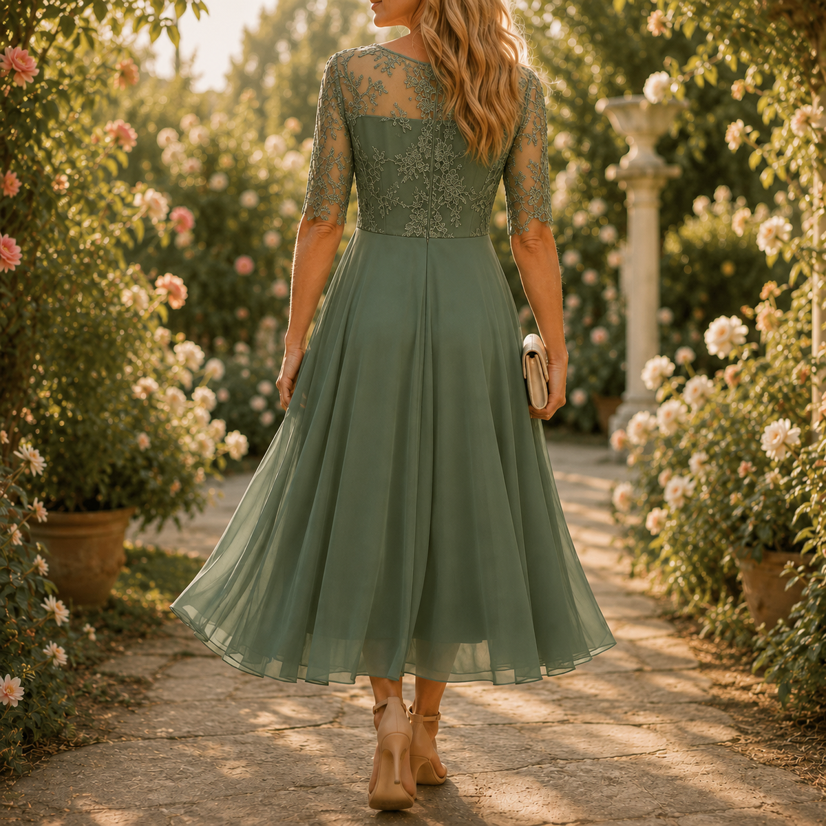 Sage green embroidered lace midi dress with elbow-length lace sleeves and chiffon skirt