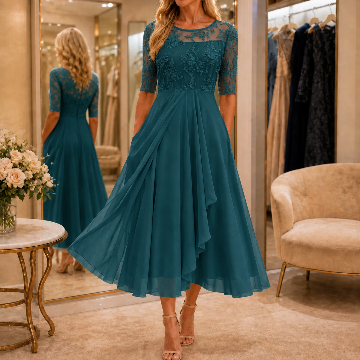 Teal embroidered lace bodice midi dress with half sleeves and layered chiffon-look skirt