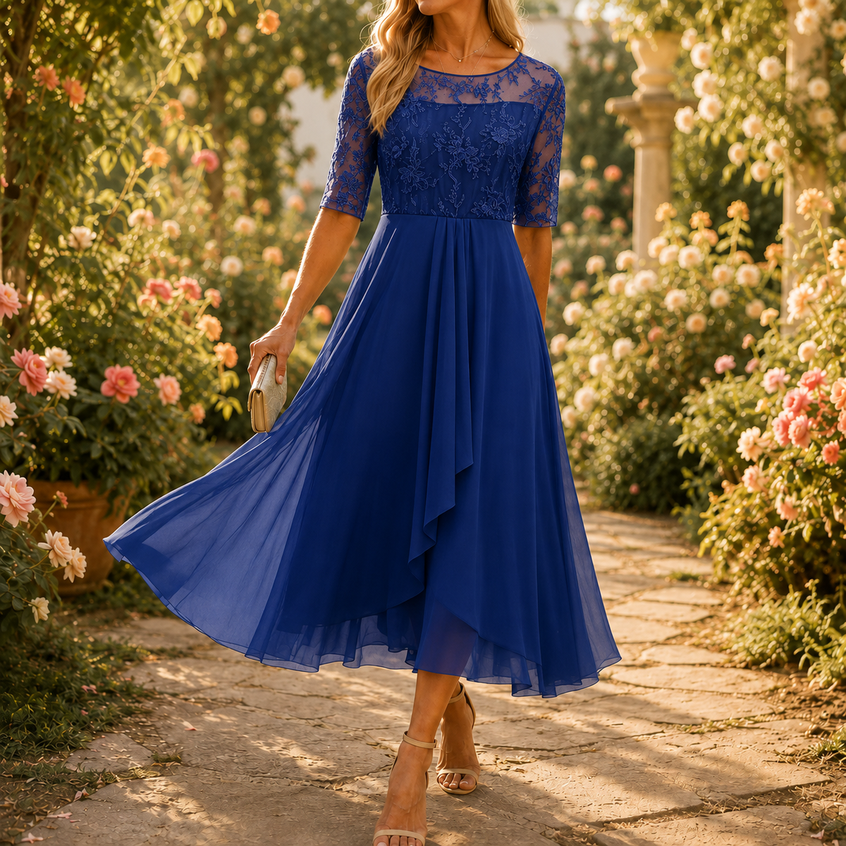Cobalt blue embroidered lace bodice midi dress with elbow sleeves and ruffled chiffon skirt