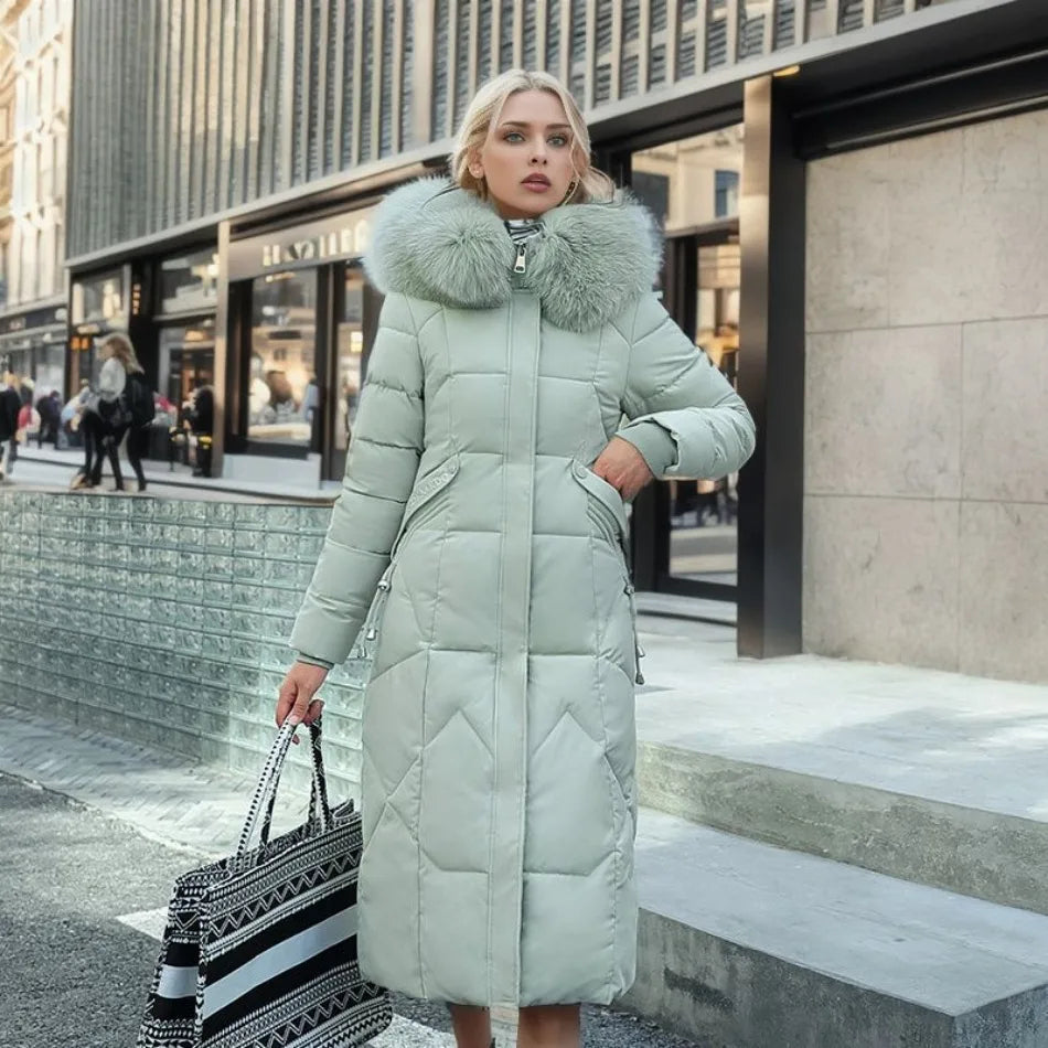 Women's long quilted padded coat with faux-fur collar, mint green, button front