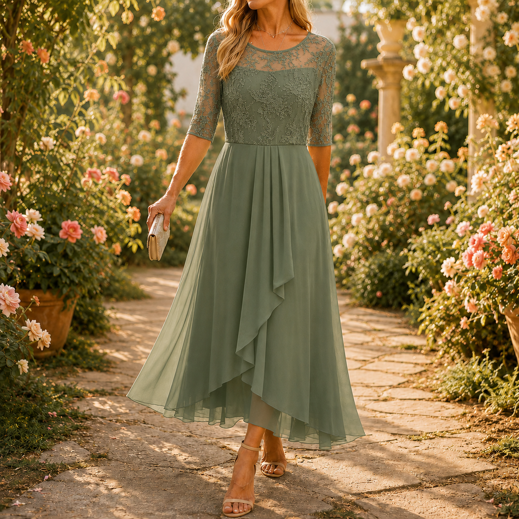 Sage green embroidered lace bodice midi dress with ruffled chiffon-look skirt