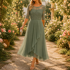 Sage green embroidered lace bodice midi dress with ruffled chiffon-look skirt