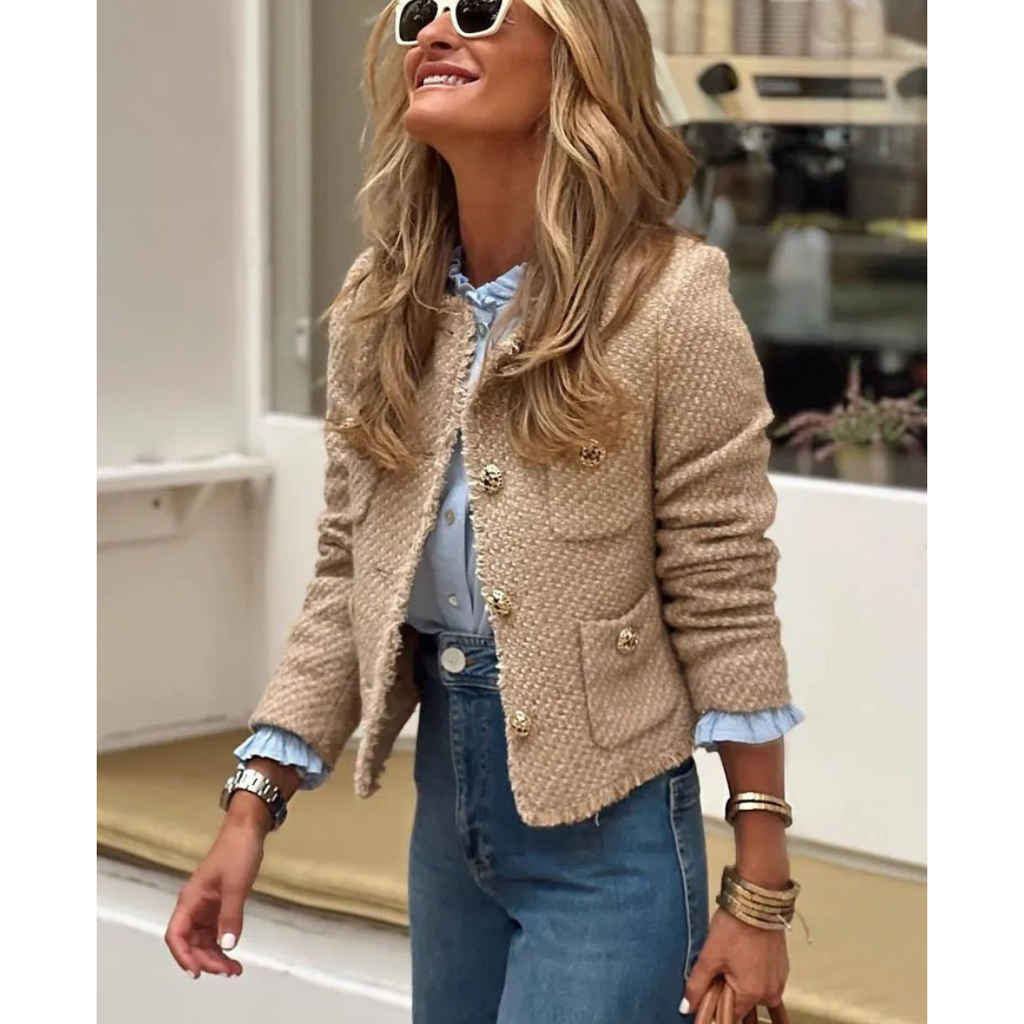Beige tweed cropped jacket with gold-tone buttons, collarless front, patch pockets