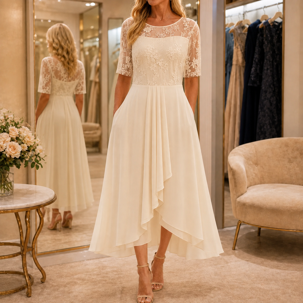 Ivory embroidered lace bodice midi dress with short sleeves and layered chiffon-look skirt
