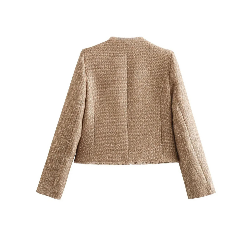 Beige collarless tweed jacket back view, cropped length, long sleeves