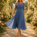 Blue embroidered lace bodice midi dress with elbow-length sleeves and flowing chiffon skirt