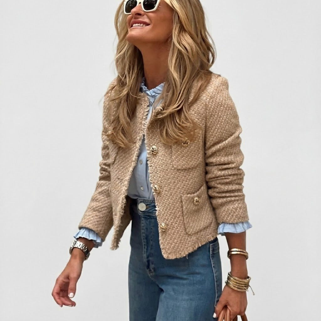 Beige tweed cropped jacket with gold-tone buttons and patch pockets, collarless front
