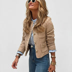 Beige tweed cropped jacket with gold-tone buttons and patch pockets, collarless front