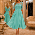 Light green embroidered lace bodice midi dress with half sleeves and layered chiffon-look skirt