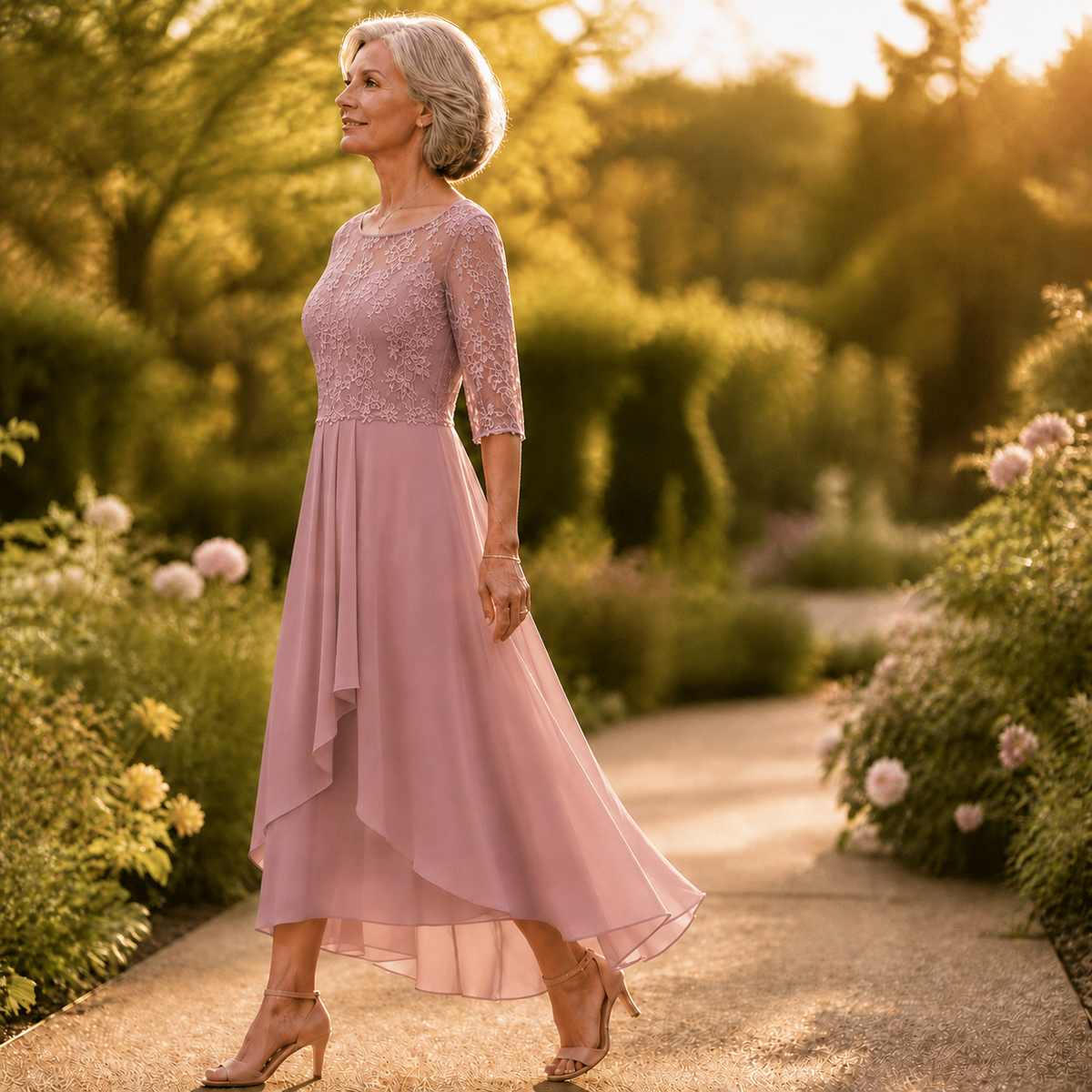 Blush pink embroidered lace bodice midi dress with scalloped lace sleeves and chiffon skirt