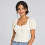 Cream square-neck lace top three-quarter view showing scalloped trim