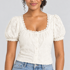Cream lace tee close-up of embroidered floral front and button placket