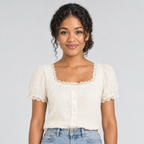 Cream lace square-neck tee tucked into jeans, front view on model