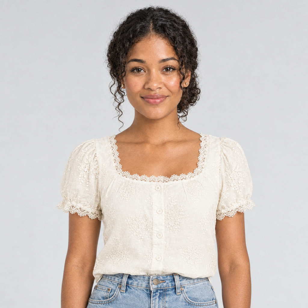 Cream lace square-neck tee tucked into jeans, front view on model