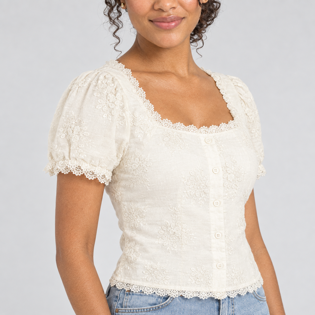 Cream lace puff sleeve detail with scalloped cuff and floral embroidery
