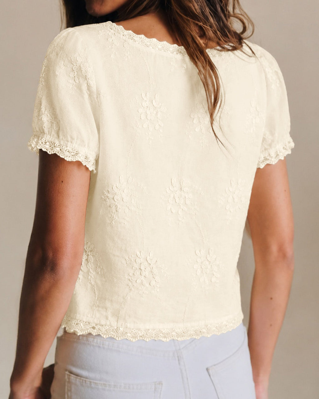 Cream backless? no—Cream lace tee with puff sleeves and scalloped neckline