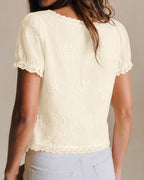 Cream backless? no—Cream lace tee with puff sleeves and scalloped neckline