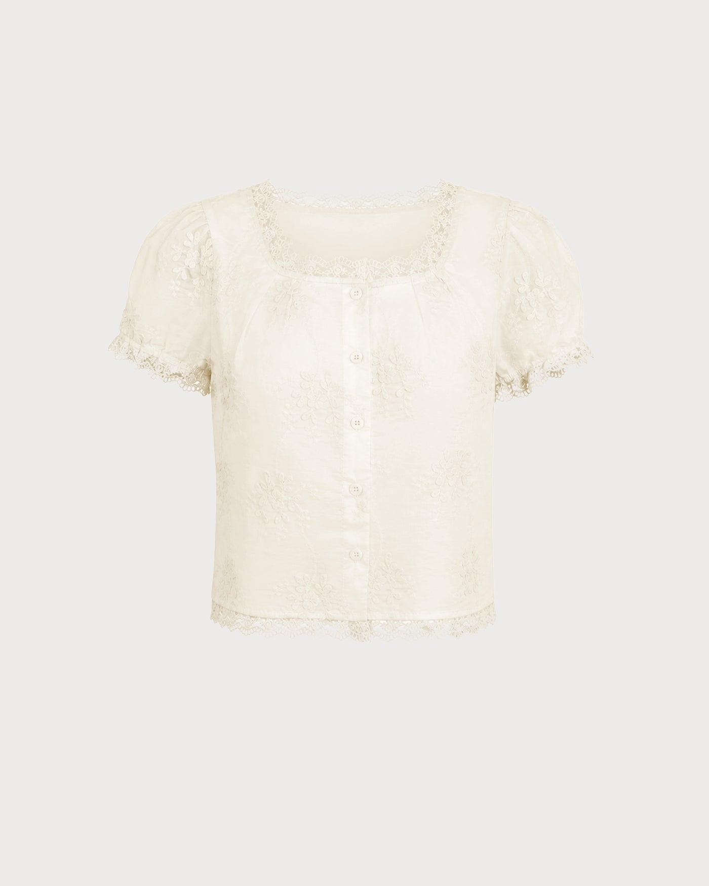 Cream lace square-neck tee, short puff sleeves, button front, scalloped edges