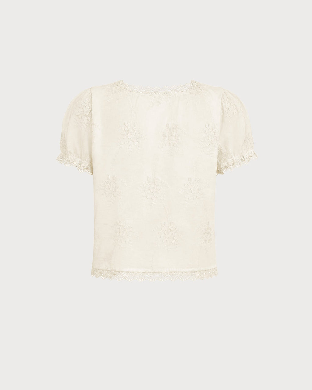 Cream lace short-sleeve tee with rounded square back neckline and scalloped hem