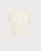 Cream lace short-sleeve tee with rounded square back neckline and scalloped hem