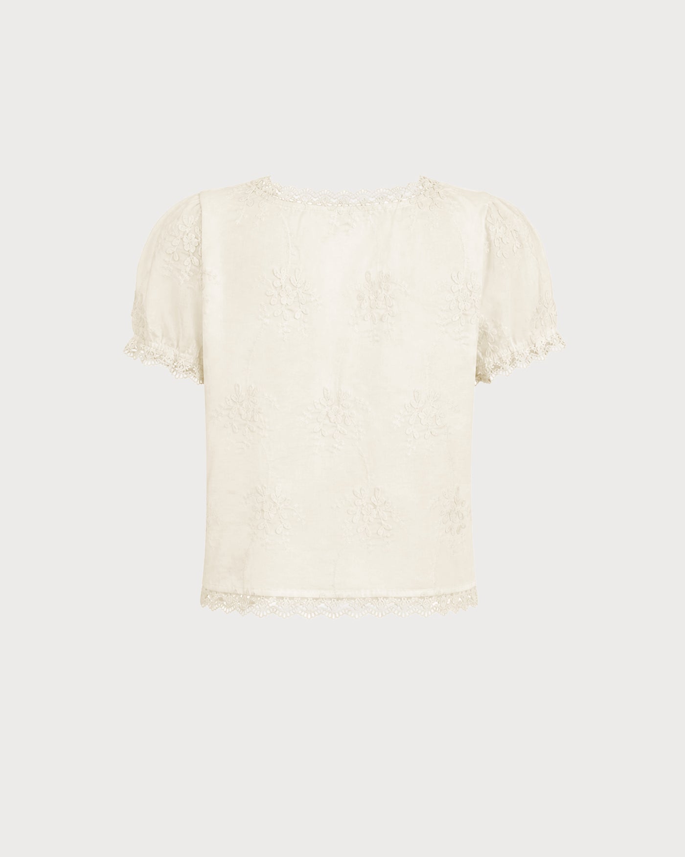 Cream lace short-sleeve tee with rounded square back neckline and scalloped hem