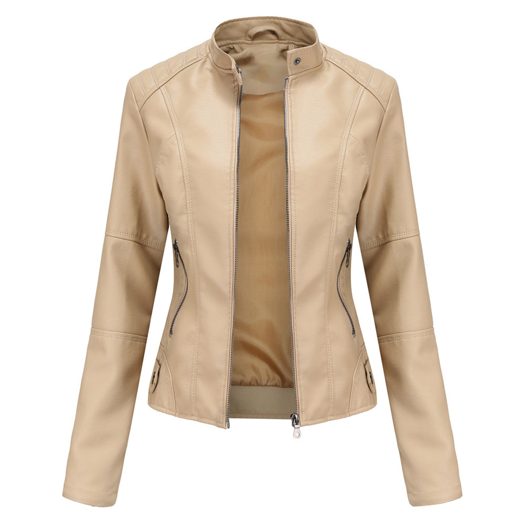 Beige women’s zip-up stand-collar jacket with center front zipper and sleeve seam panels