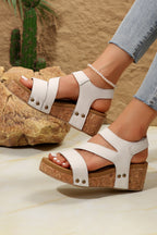 Bella wedge sandals with side straps, metal studs, cork wedge, white ankle strap