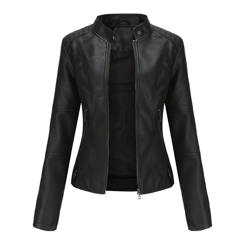 Black women’s zip-up stand-collar jacket with center front zipper and angled seam panels