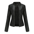 Black women’s zip-up stand-collar jacket with center front zipper and angled seam panels