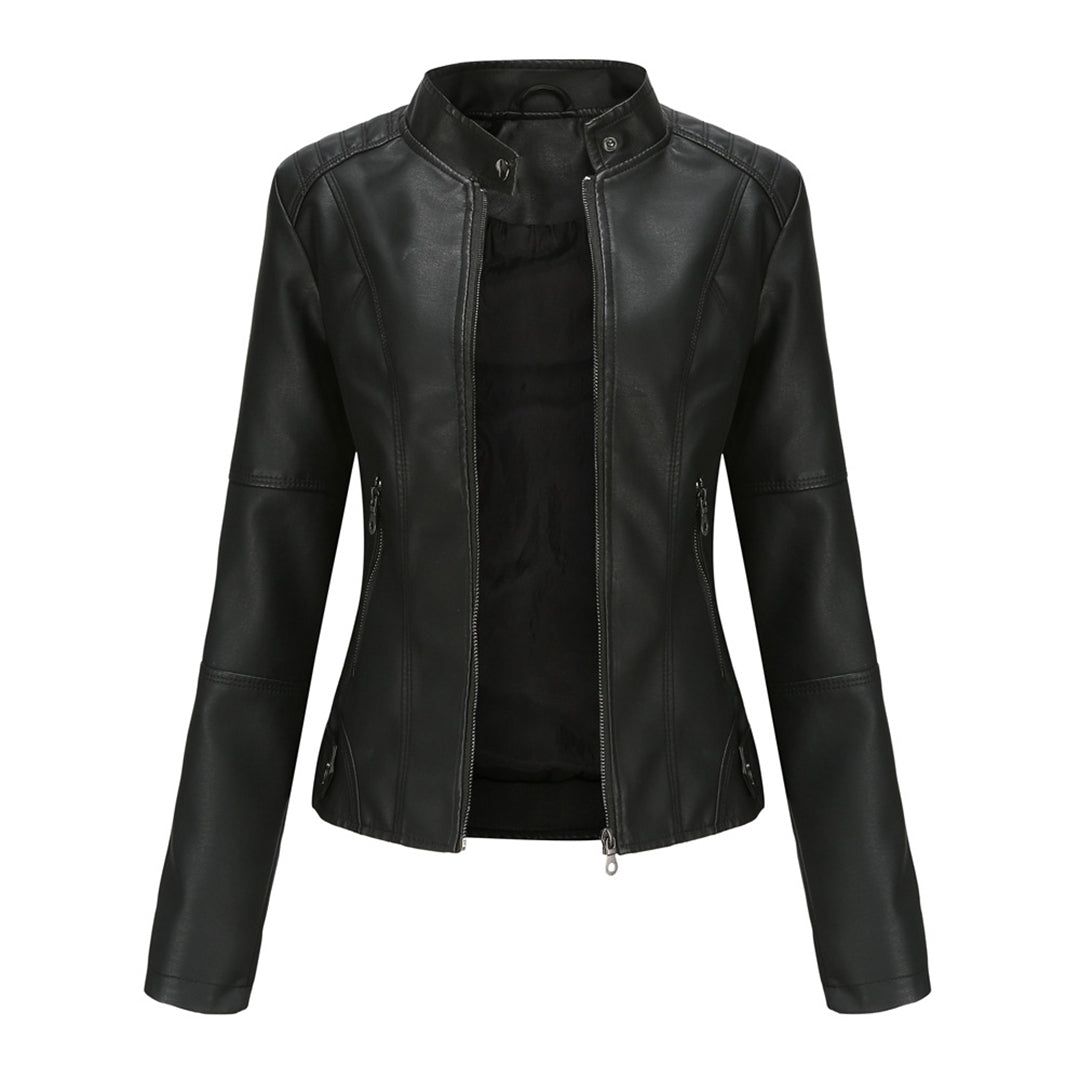 Black women’s zip-up stand-collar jacket with center front zipper and angled seam panels