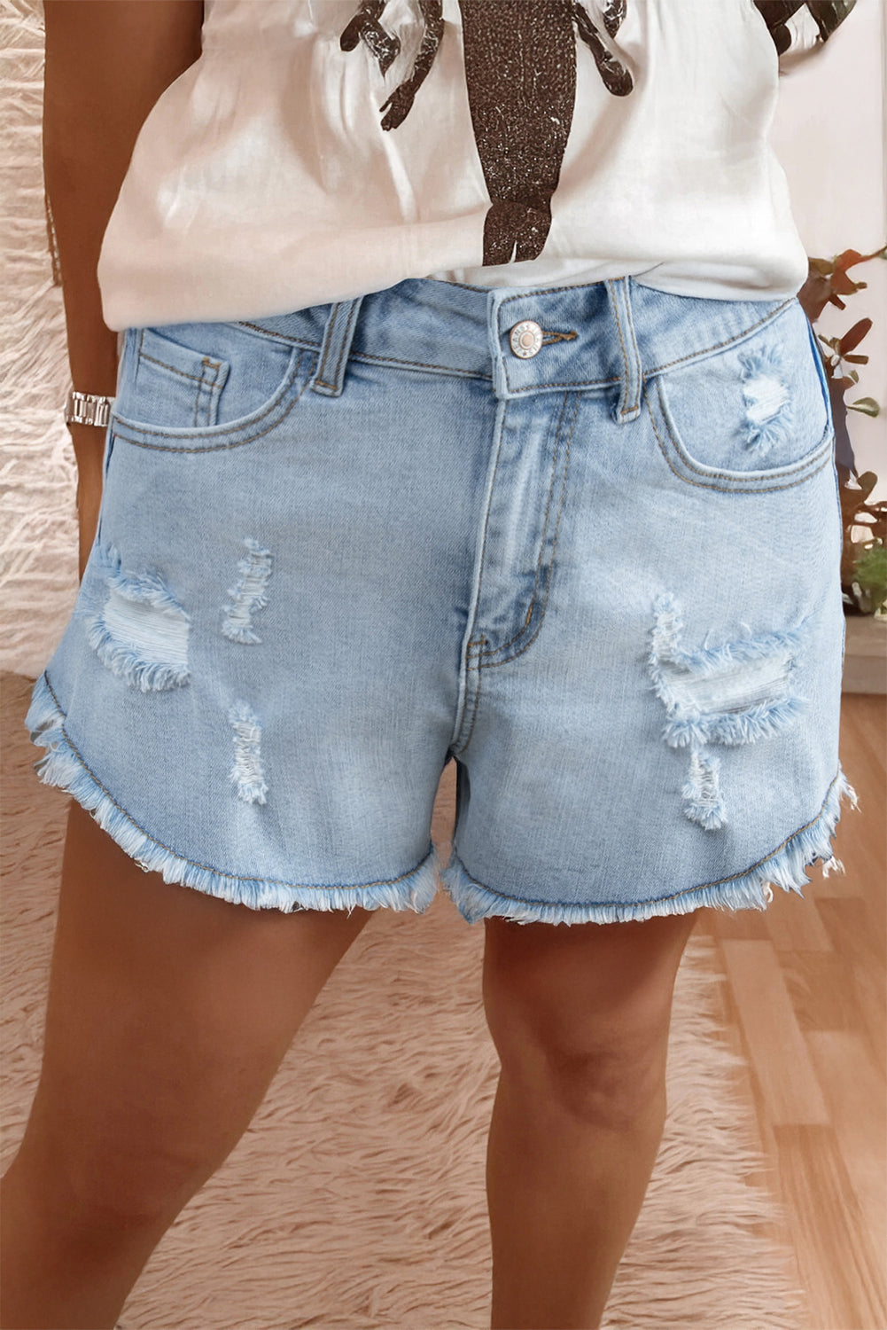 Breezy Ladies Denim Shorts | High Rise, Distressed Design