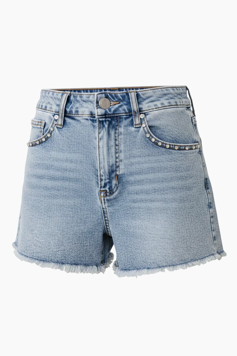 Breezy Ladies Denim Shorts | High Waist, Rhinestone Embellished, Light Wash