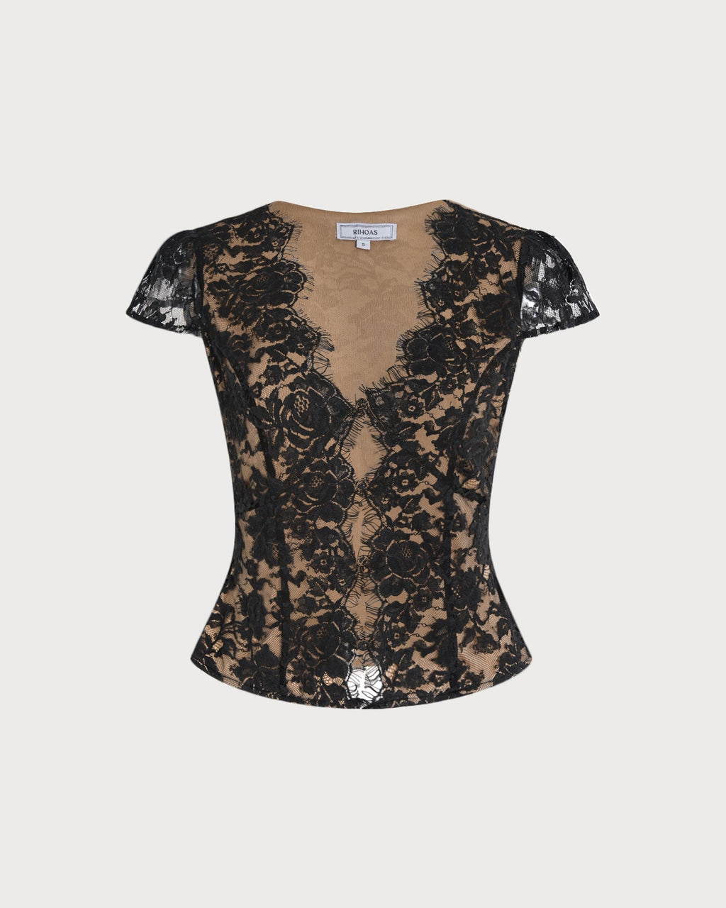 Black floral lace blouse with V-neck front and short sleeves (flat lay)