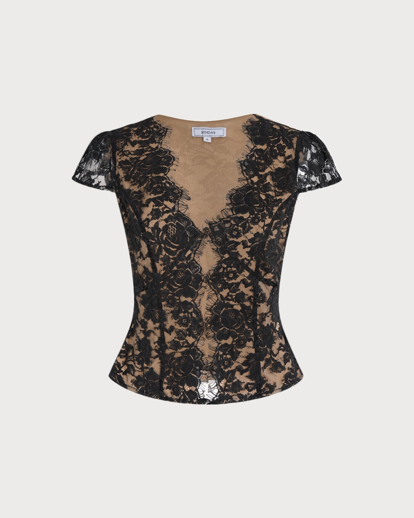 Black floral lace blouse with V-neck front and short sleeves (flat lay)