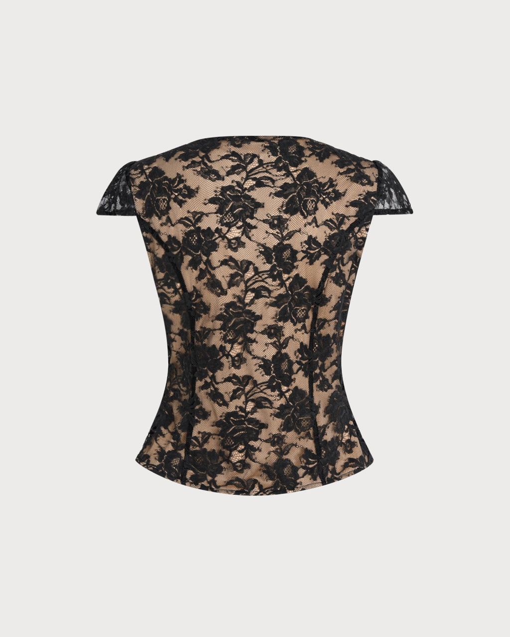 Black floral lace blouse with V-back and short sleeves (flat lay)