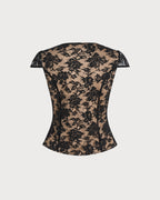 Black floral lace blouse with V-back and short sleeves (flat lay)